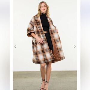 THML Women's Plaid Poncho - Brown and Cream